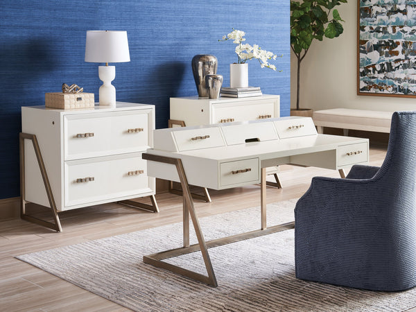 Lexington Sligh Langley File Chest - Elegant Contemporary Storage With Two Locking Drawers In Ivory & Silver Leaf Finish Linen White Wood 105-450