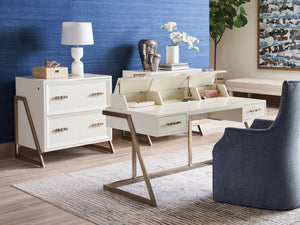 Lexington Sligh Langley File Chest - Elegant Contemporary Storage With Two Locking Drawers In Ivory & Silver Leaf Finish Linen White Wood 105-450