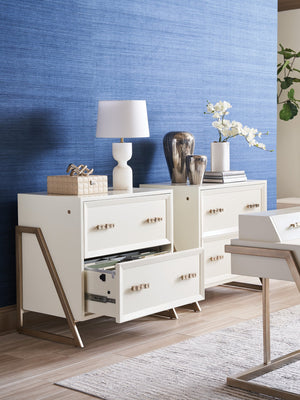 Lexington Sligh Langley File Chest - Elegant Contemporary Storage With Two Locking Drawers In Ivory & Silver Leaf Finish Linen White Wood 105-450