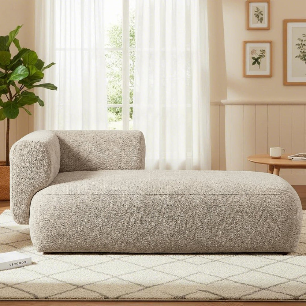 English Elm Upholstered Boucle Chaise Lounge with Wood Legs for Bedroom or Living Room W5515P437356