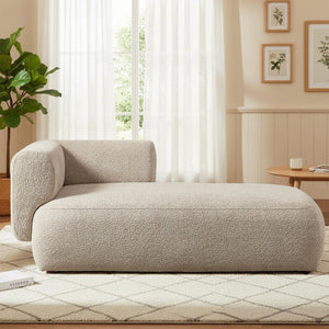 English Elm Upholstered Boucle Chaise Lounge with Wood Legs for Bedroom or Living Room W5515P437356