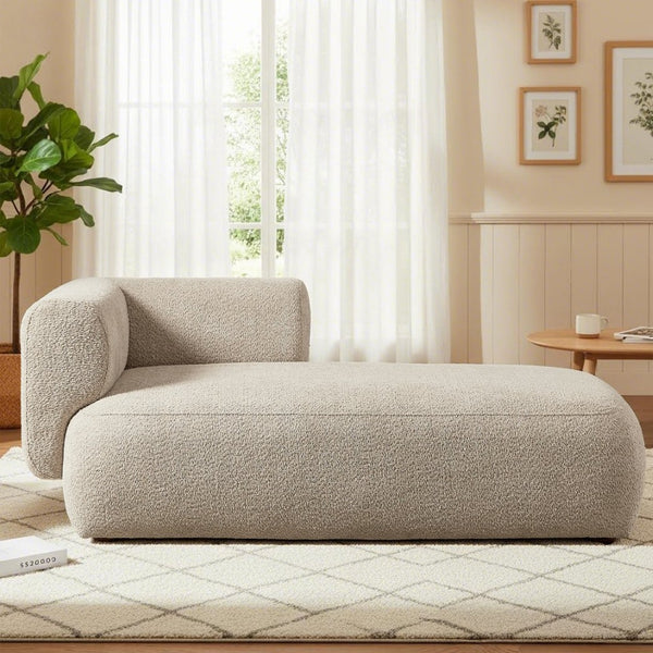 English Elm Upholstered Boucle Chaise Lounge with Wood Legs for Bedroom or Living Room W5515P437356