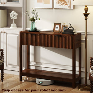 English Elm Mid-century Modern Console Table Fluted Drawers Walnut Finish Slim Entryway Sofa W2557P430472