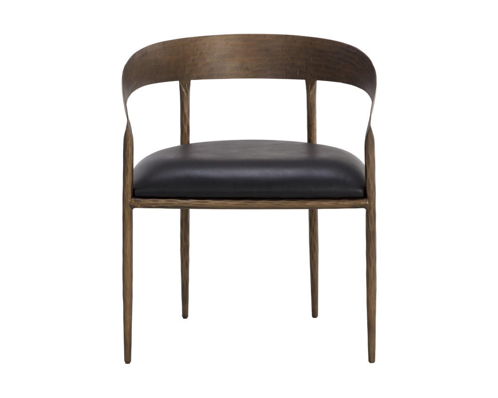 Sunpan Zanatta Dining Armchair – Handcrafted Antique Brass Frame with Unique Hammered Metal Detailing Charcoal Black Leather