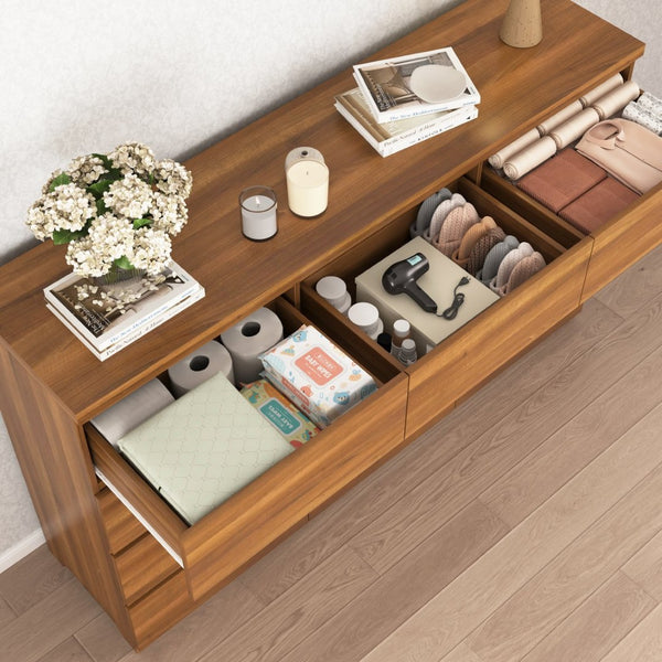 English Elm 12 Drawer Wide Double Dresser Modern Symmetrical Wood Storage Chest for Bedroom Walnut W409S00017