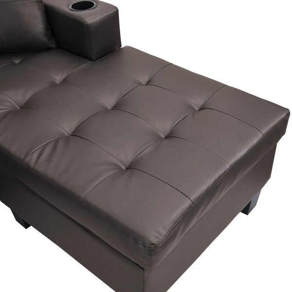 English Elm Sectional PU Sofa Set with L-Chaise, Built-In Cup Holders, Thick Foam Cushions, Modern 4-Seater Comfort Dark Brown 57.87 L x 28.35 W x 12.99 H W2297S00004