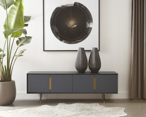 Sunpan Danbury Modern Media Console with Rustic Bronze Accents and Gold Caps - Slate Navy Finish Elegance