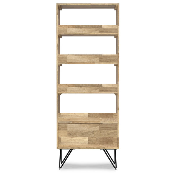 English Elm Hunter Tall Bookcase Natural Mango Wood with Drawer & Hairpin Legs, Industrial Modern Storage Shelf B136P238609