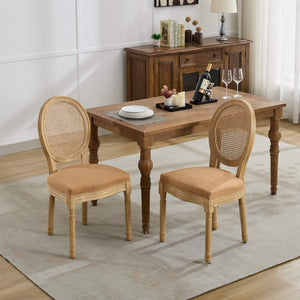 English Elm A&A French Style Dining Chairs Set Of 2 - Antique Wood Frame, Linen Fabric, Rattan Back, Tan Elegance W1143P323325