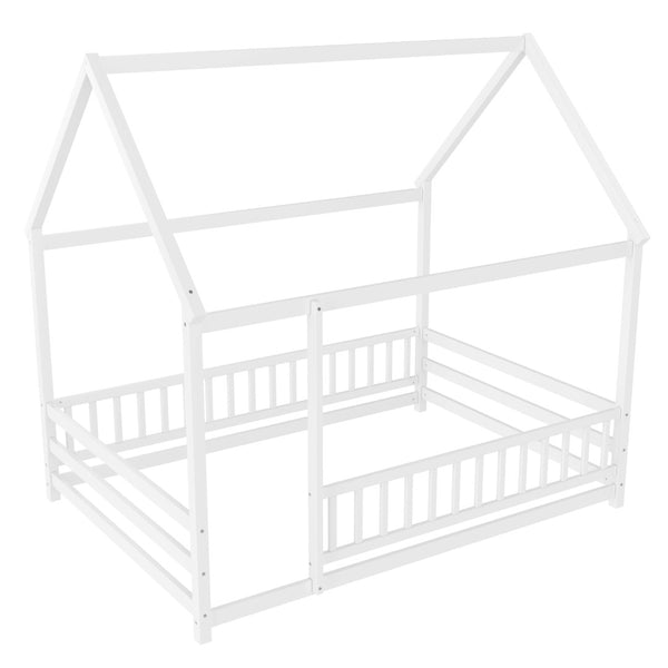 English Elm Twin Pine House Frame Floor Bed with Peaked Roof and Fence Guardrails for Kids White W1858P389981