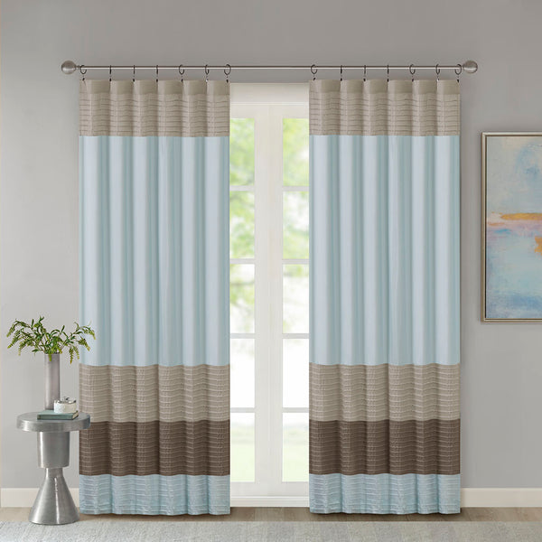 JLA Home Madison Park - Polyoni Pintuck Curtain Panel with Modern Stripes, Fully Lined Drapery for Privacy and Soft Light Blue MP40-2223