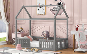 English Elm Twin Pine House Bed with Roof, Fence & Door — Enclosed Playful Design for Cozy Sleep and Imagination Gray WF531501AAE