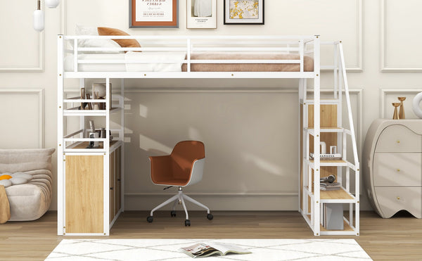 English Elm Full Size Metal Loft Bed with Desk, Storage Staircase, Wardrobe & Shelves — Space-Saving White GX002219AAK