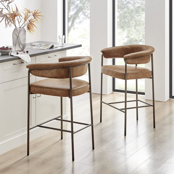 New Pacific Direct Kaiden Faux Leather Counter Stool Set – Mid-century Modern Design With Plush Comfort & Style Antique Cigar Brown  1060040-215-npd