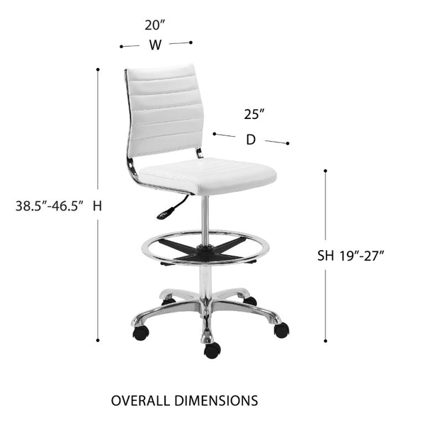 EuroStyle Axel High-Back Drafting Stool Leatherette Seat Polished Aluminum Base Swivel Chair White 10602-WHT