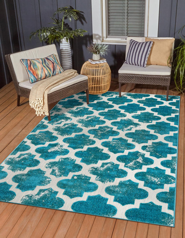 Unique Loom Outdoor Trellis Nashville Machine Made Geometric Rug Turquoise, Beige 9' 0" x 12' 2"