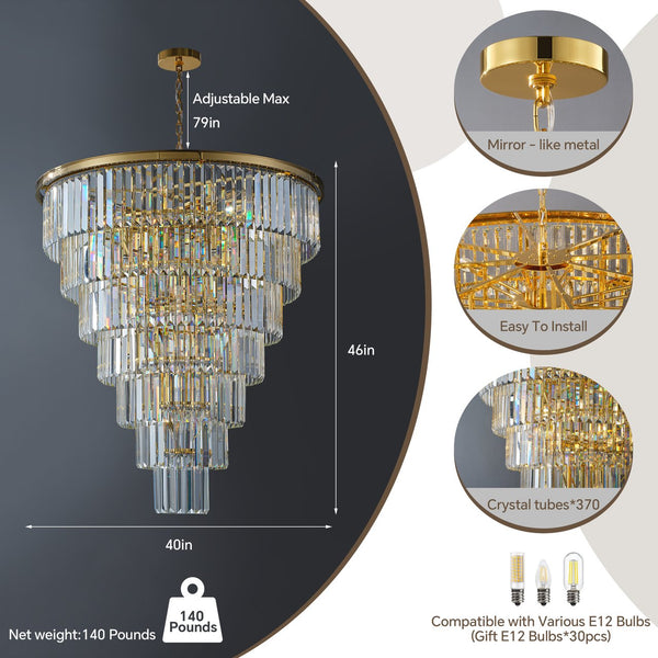 English Elm 40-Inch Gold Tiered Crystal Chandelier, 30-Light E12 with 370 Crystal Rods, Mirror-Polished Frame, LED Kit Included W2869S00023