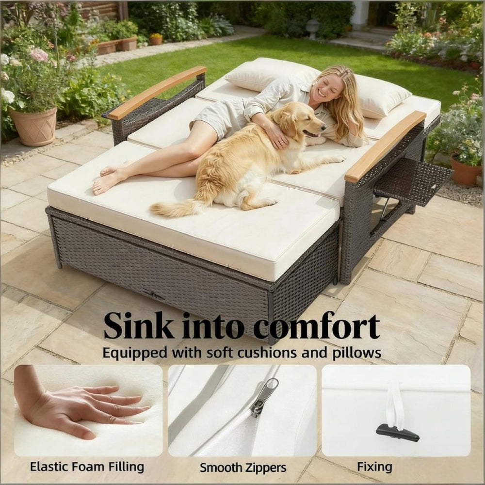 English Elm 4-in-1 Wicker Outdoor Daybed with Acacia Armrests Reclining Loveseat and Storage Ottoman T3971P484810