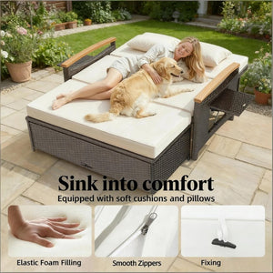 English Elm 4-in-1 Wicker Outdoor Daybed with Acacia Armrests Reclining Loveseat and Storage Ottoman T3971P484810