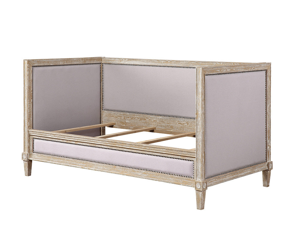 English Elm Charlton Beige Linen Daybed Twin with Weathered Oak Finish, Nailhead Trim, Slat System, 330lb Capacity B2726S00322