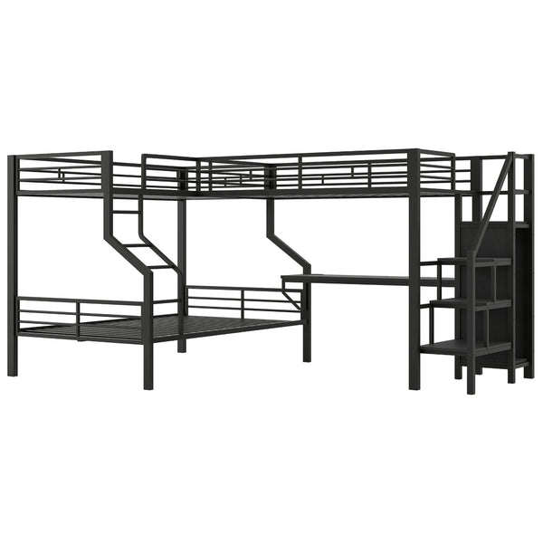 English Elm Twin Over Full L-shaped Bunk Bed with Wardrobe Desk and Usb Charging Ports N7500004100B