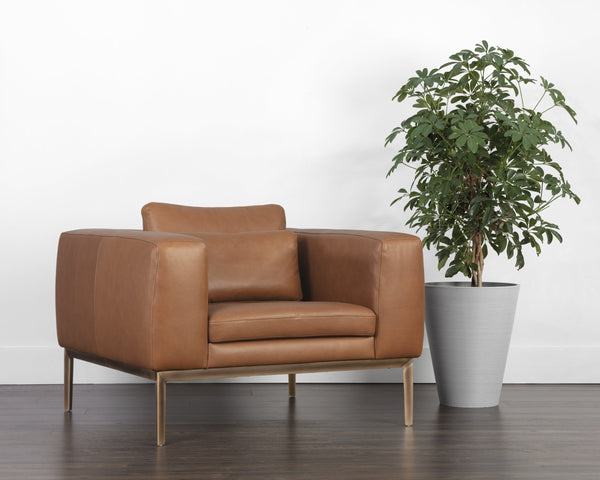 Sunpan Burr Genuine Leather Accent Armchair with Bronze Feet for Living Room or Study Brown 106138