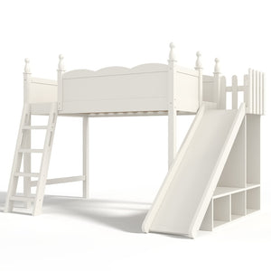 English Elm Twin Loft Bed Solid Pine Frame with Wardrobe Shelving Detachable Slide Kids Room Beige W5305S00018