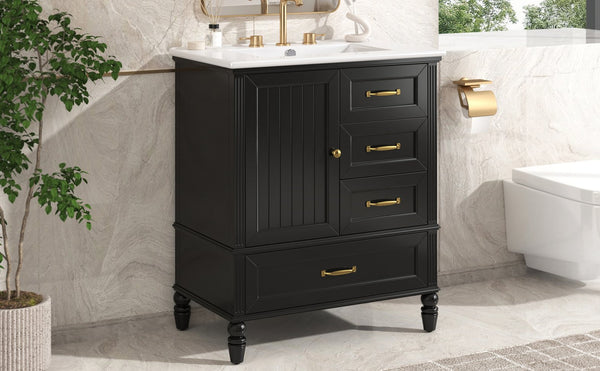 English Elm Christopher Knight Home® - 30" Bathroom Vanity with Ceramic Sink, Acacia & MDF Cabinet, Soft-Close Door & Drawers Black N759P346895B