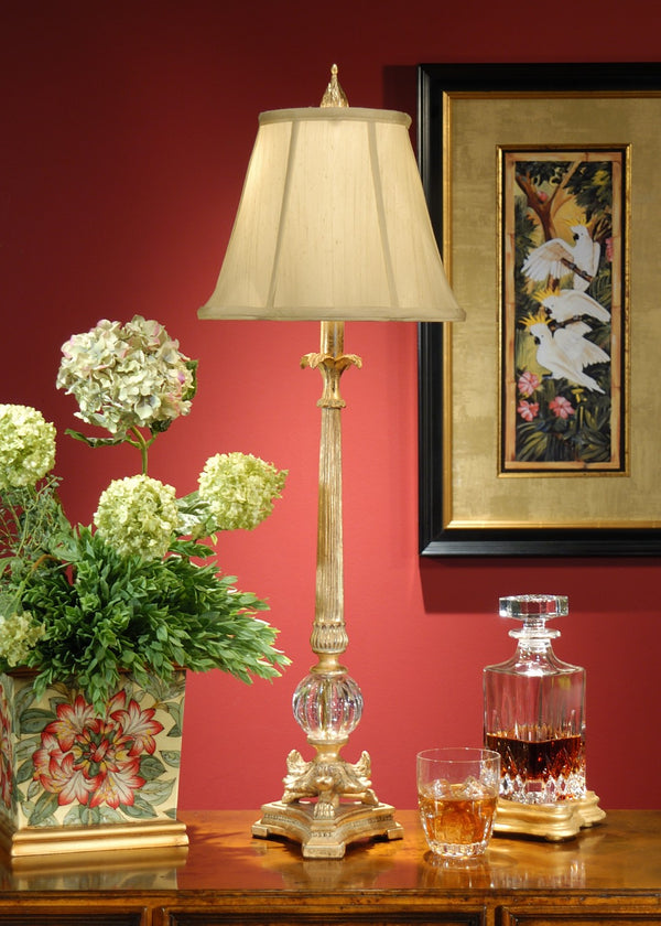 Wildwood Floating Sculptural Ball Lamp In Antique Gold Patina With Lead Crystal Accent — Warm Luxury For Tables 1063