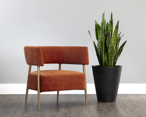 Sunpan Maestro Barrel Accent Chair Rust Fabric Antique Brass Legs Mid-Century Living Room 106492