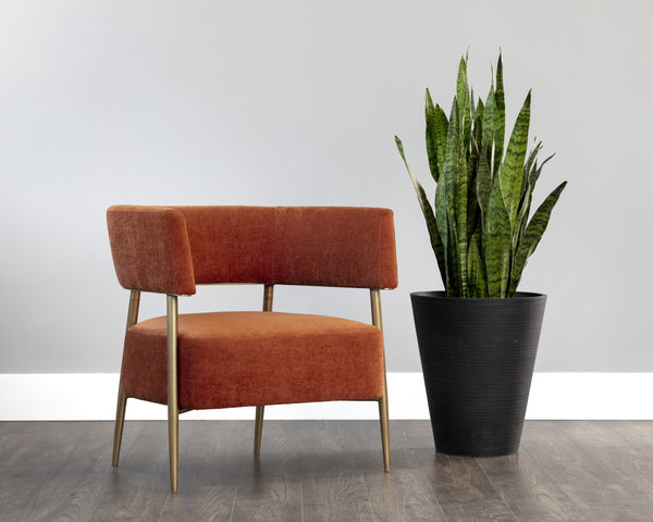 Sunpan Maestro Barrel Accent Chair Rust Fabric Antique Brass Legs Mid-Century Living Room 106492