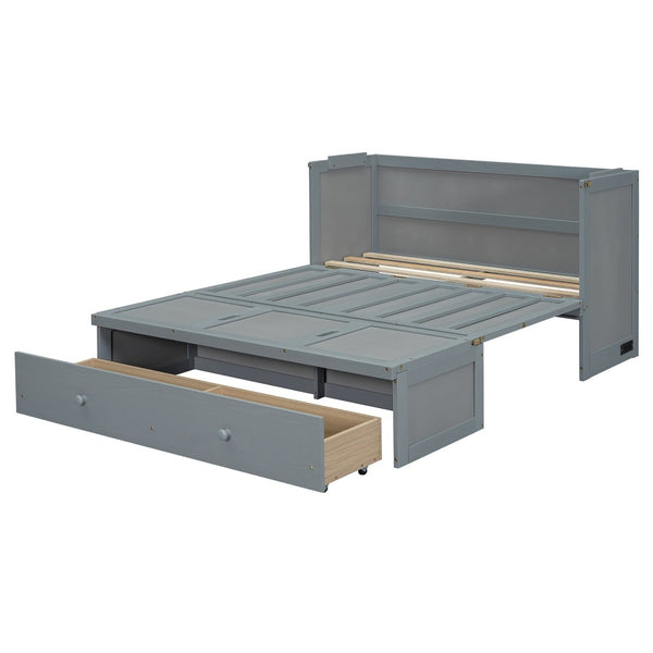 English Elm Full Size Wall Murphy Bed Cabinet with Storage Drawer and Built-in Usb Charging Gray N708P205903E