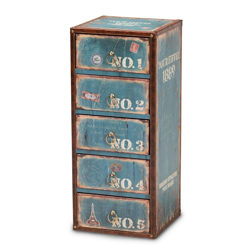 Baxton Studio Baxton Studio Alba Vintage 5-Drawer Accent Cabinet - Rustic French Blue Storage with Travel Charm SJ14502-Blue-5DW-Cabinet