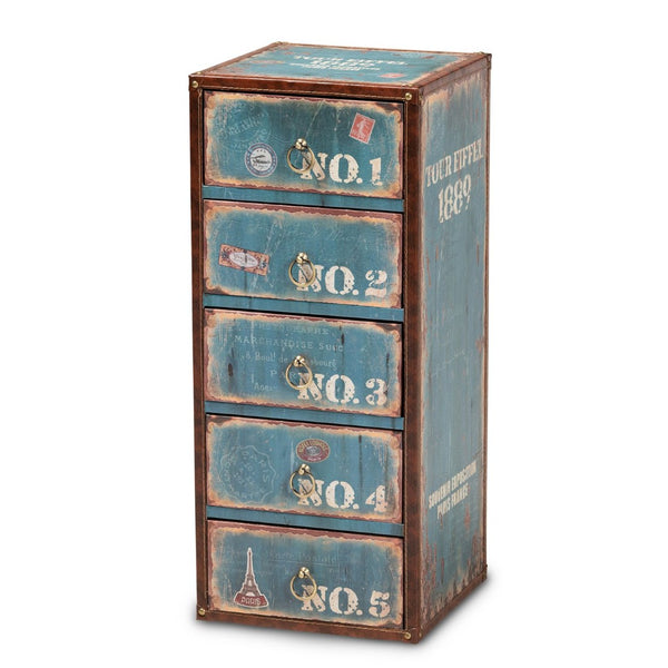 Baxton Studio Baxton Studio Alba Vintage 5-Drawer Accent Cabinet - Rustic French Blue Storage with Travel Charm SJ14502-Blue-5DW-Cabinet