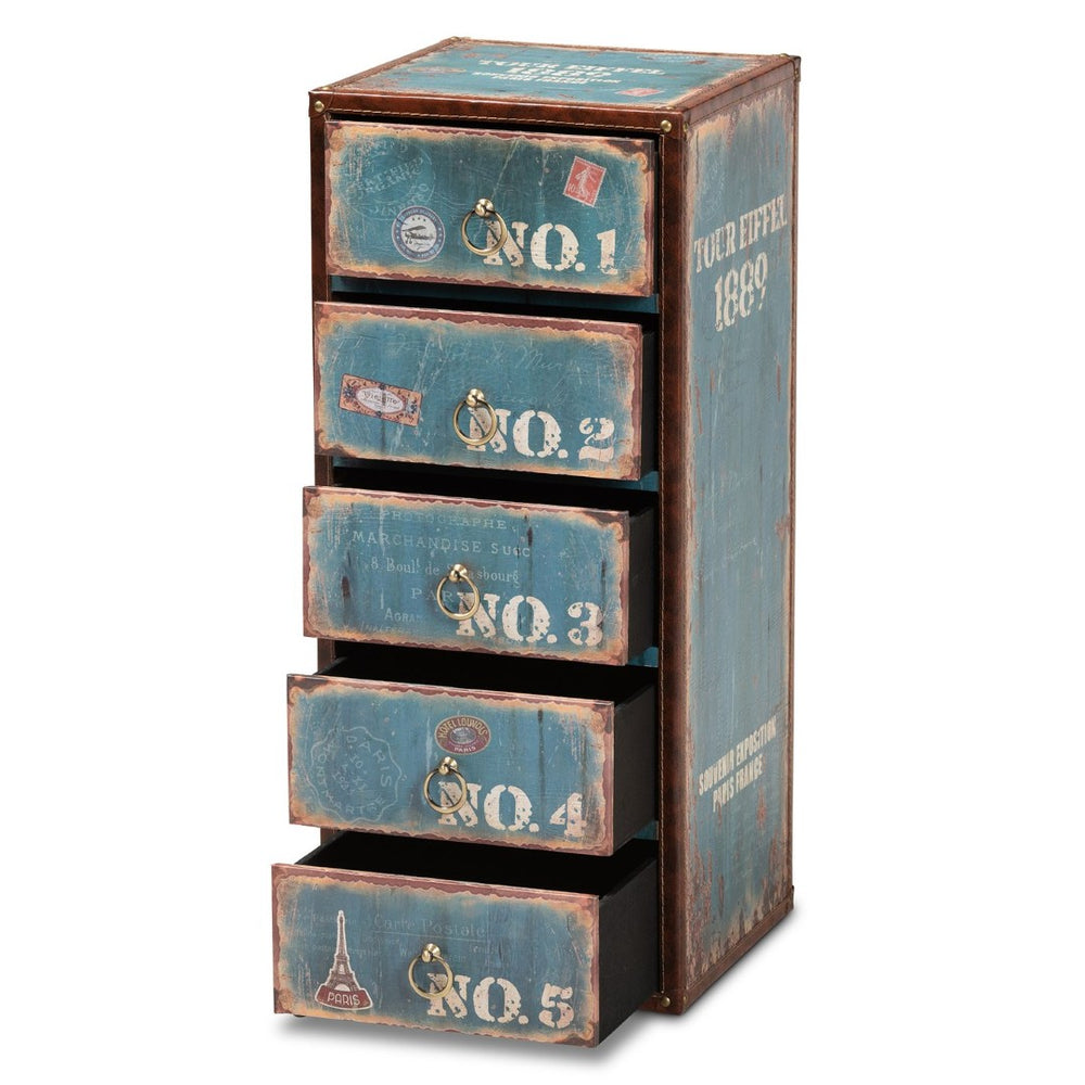 Baxton Studio Baxton Studio Alba Vintage 5-Drawer Accent Cabinet - Rustic French Blue Storage with Travel Charm SJ14502-Blue-5DW-Cabinet