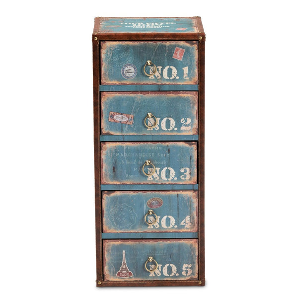Baxton Studio Baxton Studio Alba Vintage 5-Drawer Accent Cabinet - Rustic French Blue Storage with Travel Charm SJ14502-Blue-5DW-Cabinet