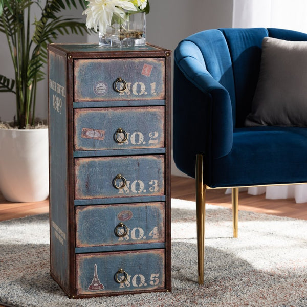 Baxton Studio Baxton Studio Alba Vintage 5-Drawer Accent Cabinet - Rustic French Blue Storage with Travel Charm SJ14502-Blue-5DW-Cabinet
