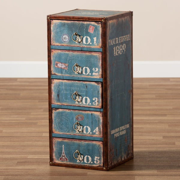 Baxton Studio Baxton Studio Alba Vintage 5-Drawer Accent Cabinet - Rustic French Blue Storage with Travel Charm SJ14502-Blue-5DW-Cabinet