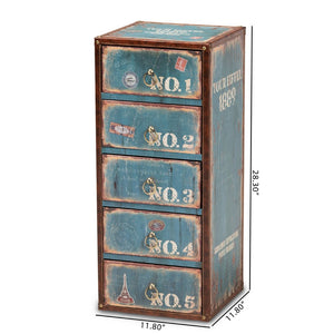 Baxton Studio Baxton Studio Alba Vintage 5-Drawer Accent Cabinet - Rustic French Blue Storage with Travel Charm SJ14502-Blue-5DW-Cabinet