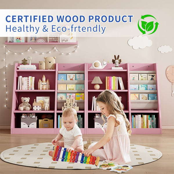 English Elm Pink Montessori Wooden Toy Storage Cabinet with 4-Tier Sling Book Pockets Sturdy Kids Bookshelf W2876P233538