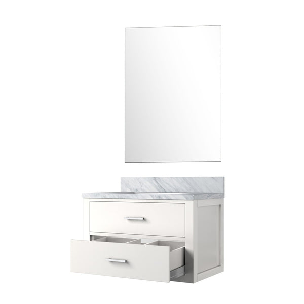 English Elm White Single Bath Vanity Set With Carrara Marble Top & Frameless Mirror - Elegant Bathroom Upgrade B2731S01422-GIGA