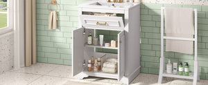 English Elm 24" Matte Single Sink Vanity Solid Poplar Frame Gold Hardware Soft Close Cabinet White N710P389449K
