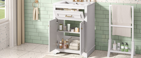 English Elm 24" Matte Single Sink Vanity Solid Poplar Frame Gold Hardware Soft Close Cabinet White N710P389449K