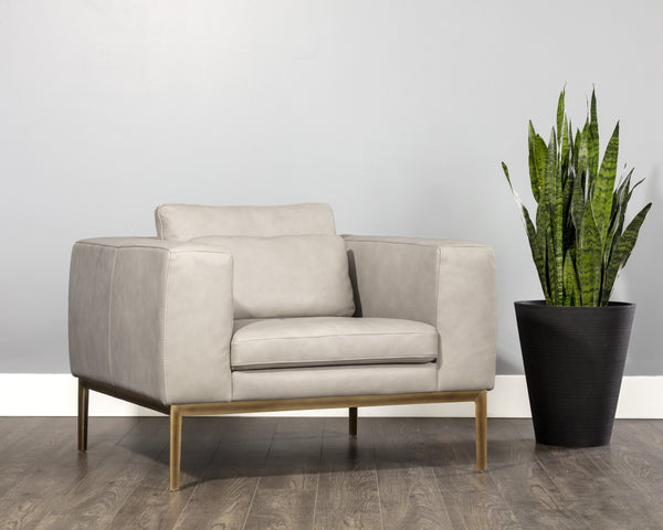 Sunpan Burr Genuine Leather Accent Armchair with Bronze Feet for Living Room or Study Taupe 106597
