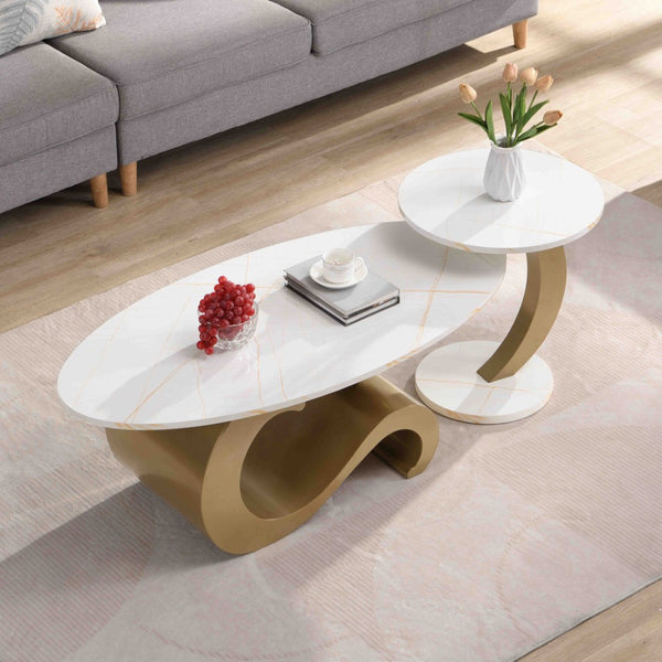 English Elm Modern Nesting Coffee Table Set - Stylish Oval & Round Side Tables With Golden Metal Frame, Chic Design W821S00001-GIGA