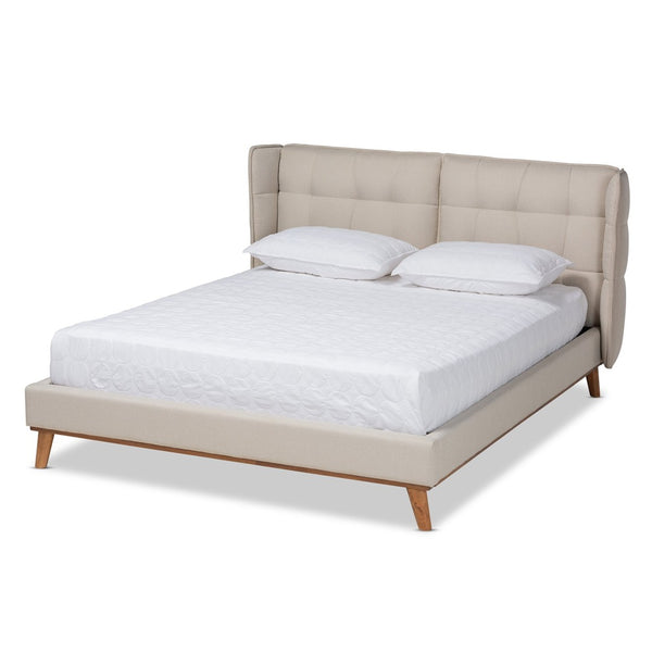 Baxton Studio Baxton Gretchen Queen Size Wingback Bed - Modern Light Beige Upholstery & Walnut Wood Platform Design BBT6917-Light Beige/Walnut-Queen