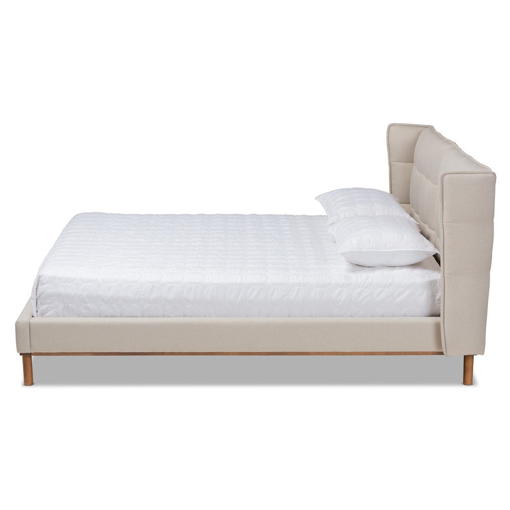 Baxton Studio Baxton Gretchen Queen Size Wingback Bed - Modern Light Beige Upholstery & Walnut Wood Platform Design BBT6917-Light Beige/Walnut-Queen