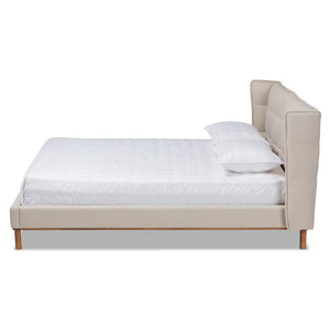 Baxton Studio Baxton Gretchen Queen Size Wingback Bed - Modern Light Beige Upholstery & Walnut Wood Platform Design BBT6917-Light Beige/Walnut-Queen