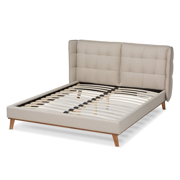 Baxton Studio Baxton Gretchen Queen Size Wingback Bed - Modern Light Beige Upholstery & Walnut Wood Platform Design BBT6917-Light Beige/Walnut-Queen