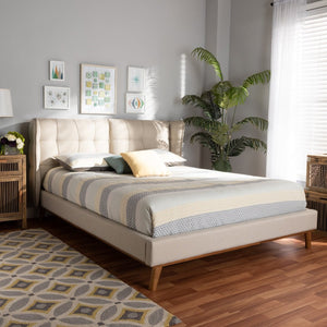 Baxton Studio Baxton Gretchen Queen Size Wingback Bed - Modern Light Beige Upholstery & Walnut Wood Platform Design BBT6917-Light Beige/Walnut-Queen